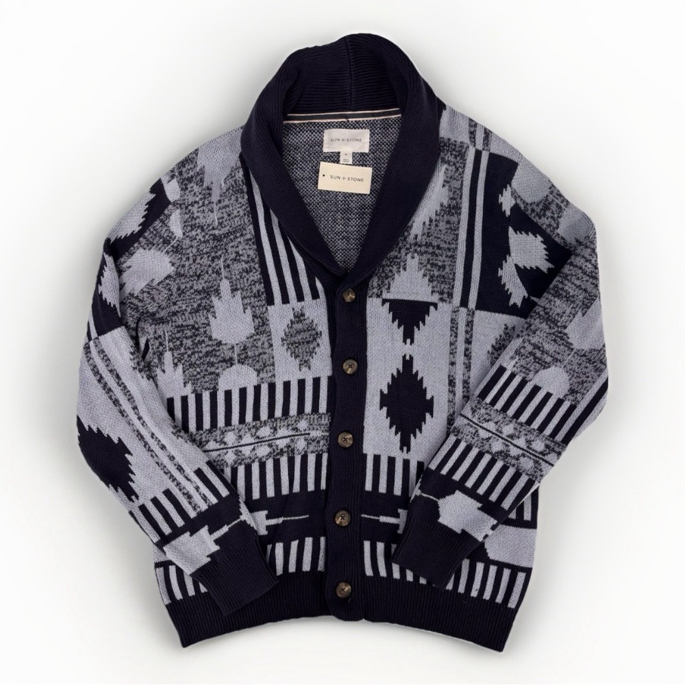 SUN + STONE Men's M Southwest  Geometric Knit Cardigan 100% Cotton Button Up NEW